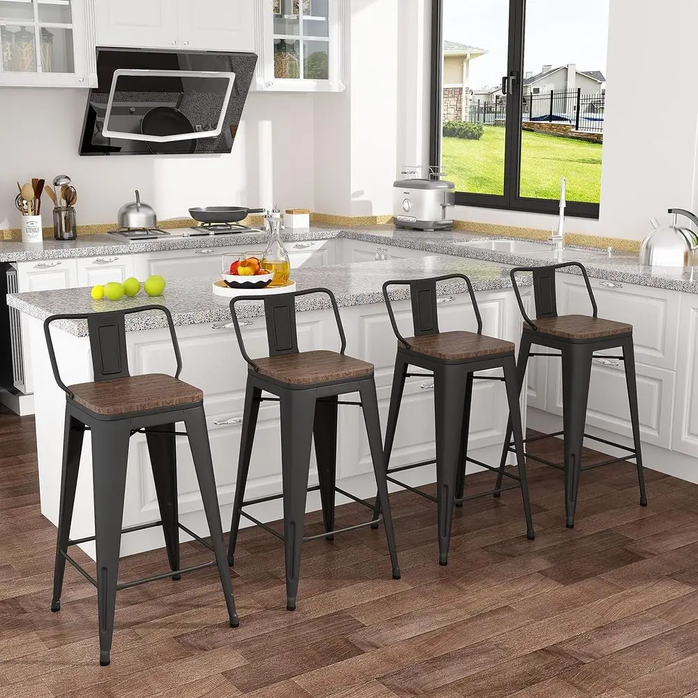 Set of 4 Metal Bar Stools, 30 Counter Height, Wooden Seats, Matte Black, Low Back Dining Chairs
Set of 4 Metal Bar Stools, 30 Counter Height, Wooden Seats, Matte Black, Low Back Dining Chairs