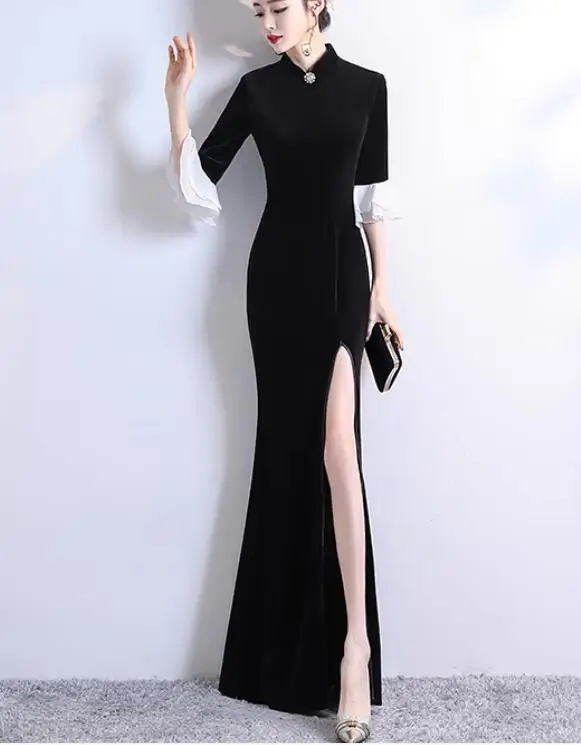 Китайское женское весеннее платье Cheongsam, черное бархатное длинное вечерние платье Chipao
Китайское женское весеннее платье Cheongsam, черное бархатное длинное вечерние платье Chipao