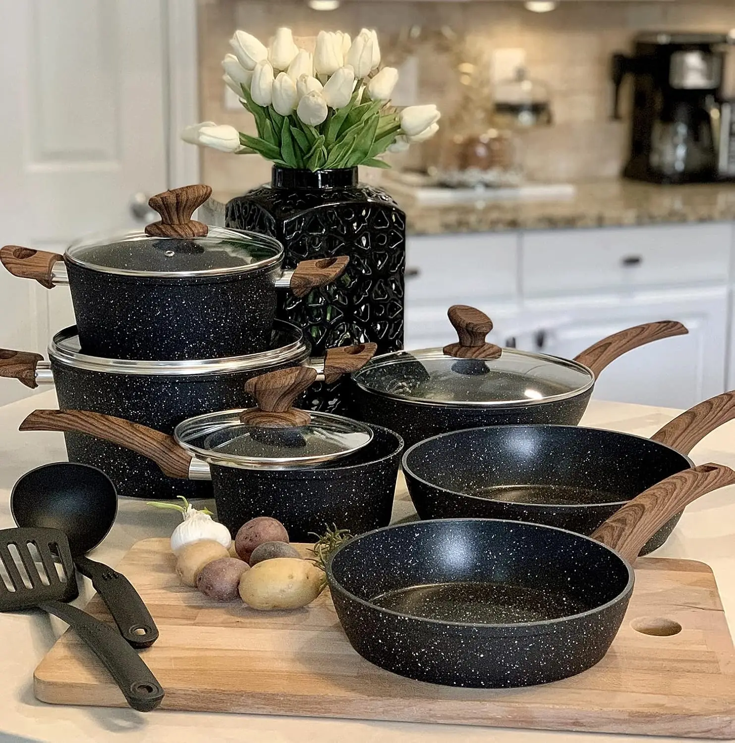 Induction Cookware Sets - 12 Piece Cooking Pan Set, Granite Black Nonstick Pots and Pans Set
Induction Cookware Sets - 12 Piece Cooking Pan Set, Granite Black Nonstick Pots and Pans Set