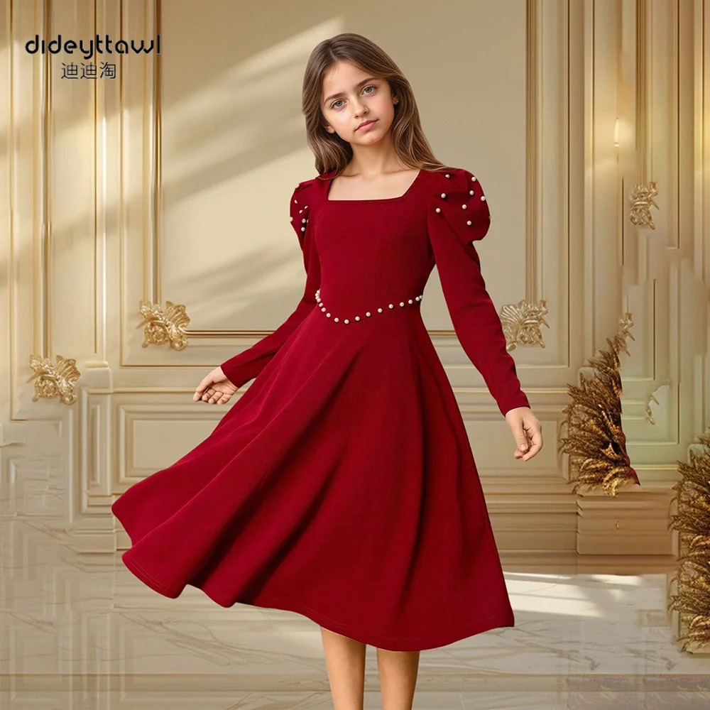 Dideyttawl Trendy Square Neck Pearl-Embellished Puff Sleeve Girls Dress Red A-Line Midi Length Waist-Defined Elegant Party Gown
Dideyttawl Trendy Square Neck Pearl-Embellished Puff Sleeve Girls Dress Red A-Line Midi Length Waist-Defined Elegant Party Gown