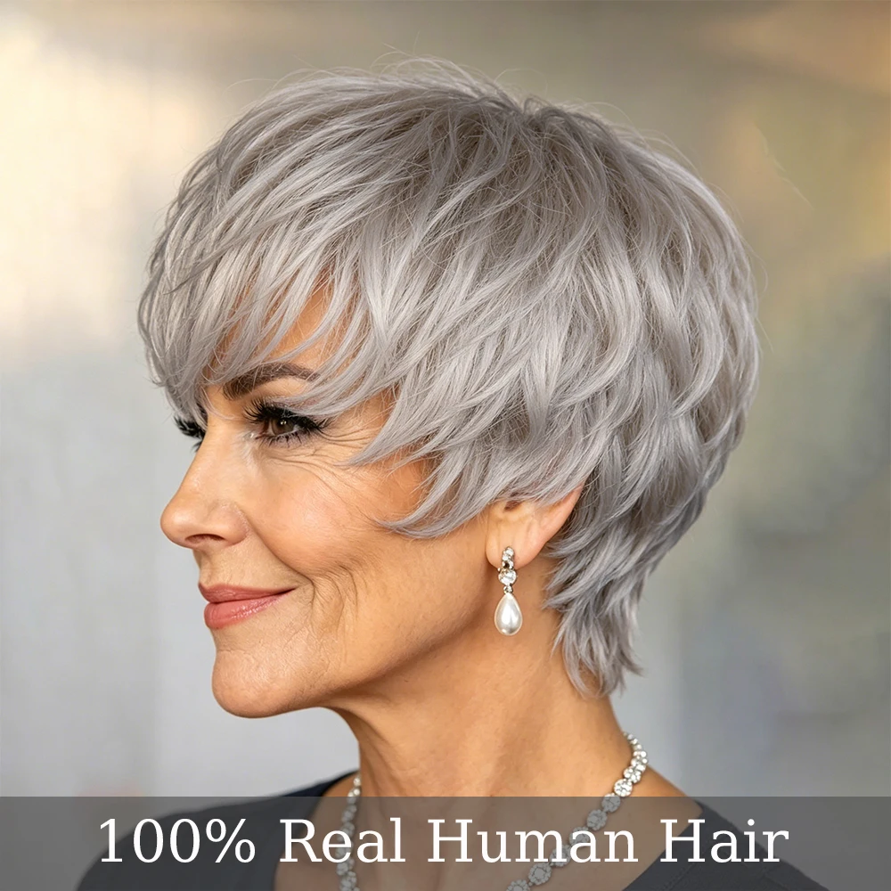 Silver Gray Short Layered Textured Pixie Cut Human Hair Wig with Bangs, Brazilian Virgin Remy Hair Natural Ash Gray Straight Short Pixie Cut Wig with Fringe, Full Machine-Made For Daily/Party Wear
Silver Gray Short Layered Textured Pixie Cut Human Hair Wig with Bangs, Brazilian Virgin Remy Hair Natural Ash Gray Straight Short Pixie Cut Wig with Fringe, Full Machine-Made For Daily/Party Wear