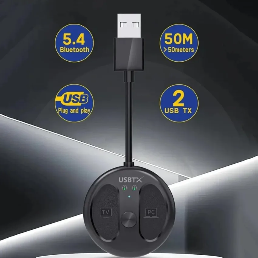 Bluetooth 5.4 Audio Transmitter One-to-Two 50M Long Range USB Powered HiFi Lossless Adapter For PC TV Headphones Speakers
Bluetooth 5.4 Audio Transmitter One-to-Two 50M Long Range USB Powered HiFi Lossless Adapter For PC TV Headphones Speakers