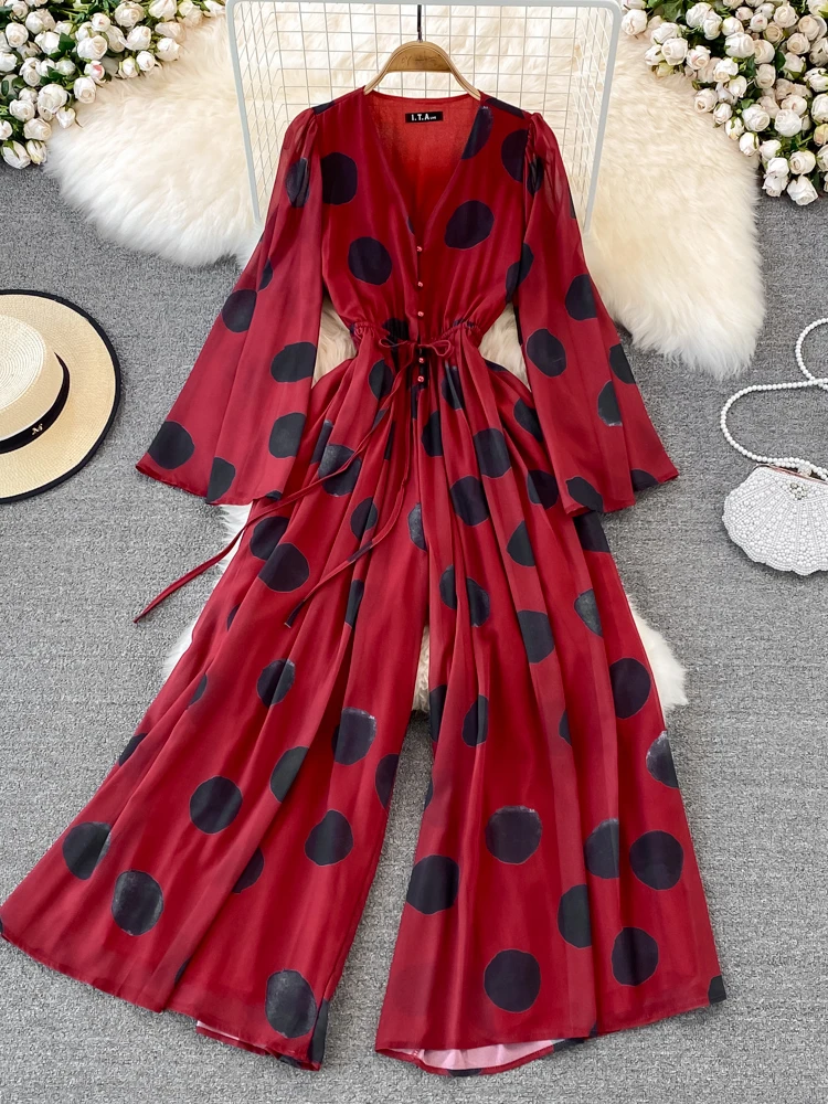 Women Fashion Vintage Chiffon Party Vacation Jumpsuit Spring Flare Sleeves Wave Dot Print V-neck High Waist Slim Wide Leg Pants
Women Fashion Vintage Chiffon Party Vacation Jumpsuit Spring Flare Sleeves Wave Dot Print V-neck High Waist Slim Wide Leg Pants