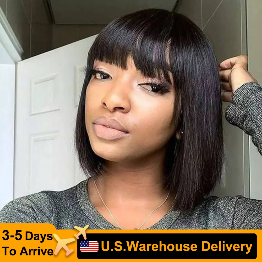 Sleek Short Bob Wigs With Bangs Brazilian Straight Hair Wigs Black Glueless Machine Made Human Hair Wigs For Women
Sleek Short Bob Wigs With Bangs Brazilian Straight Hair Wigs Black Glueless Machine Made Human Hair Wigs For Women