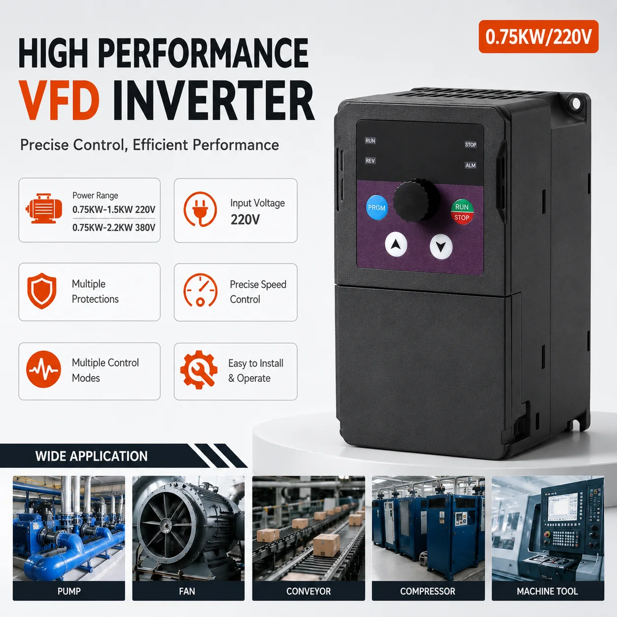 0.75kw Single-phase 220v Vfd Inverter Small Power 3-phase 380v 0.75kw Frequency Converter for Speed Control and Fan Motor
0.75kw Single-phase 220v Vfd Inverter Small Power 3-phase 380v 0.75kw Frequency Converter for Speed Control and Fan Motor