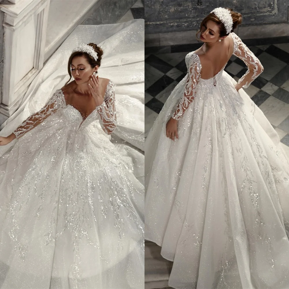 Customized Luxury White Organza Sequined Wedding Dress Exquisite V-Neck Long Sleeves Chapel TrainLace Up Back Bridal Gowns
Customized Luxury White Organza Sequined Wedding Dress Exquisite V-Neck Long Sleeves Chapel TrainLace Up Back Bridal Gowns