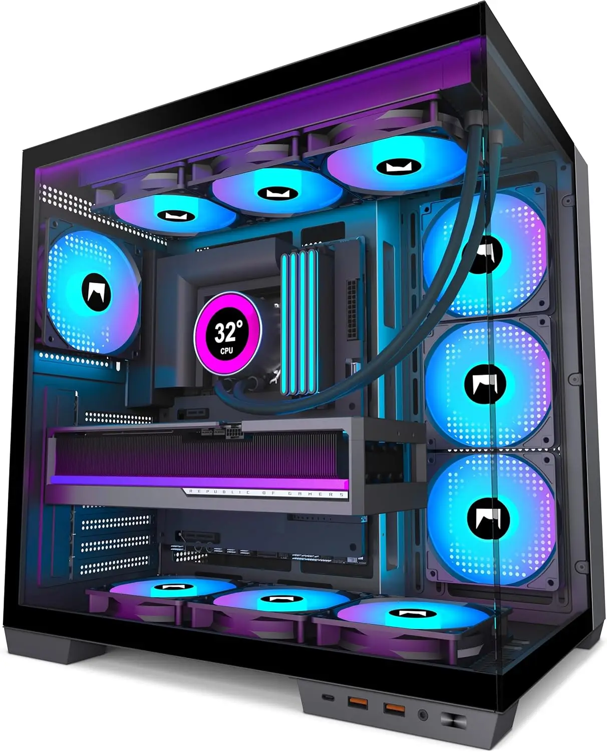 ATX Mid-Tower PC Case with 7 PWM ARGB Fans, Dual Chamber, Type-C, Support 3x 360mm Radiators, Black
ATX Mid-Tower PC Case with 7 PWM ARGB Fans, Dual Chamber, Type-C, Support 3x 360mm Radiators, Black