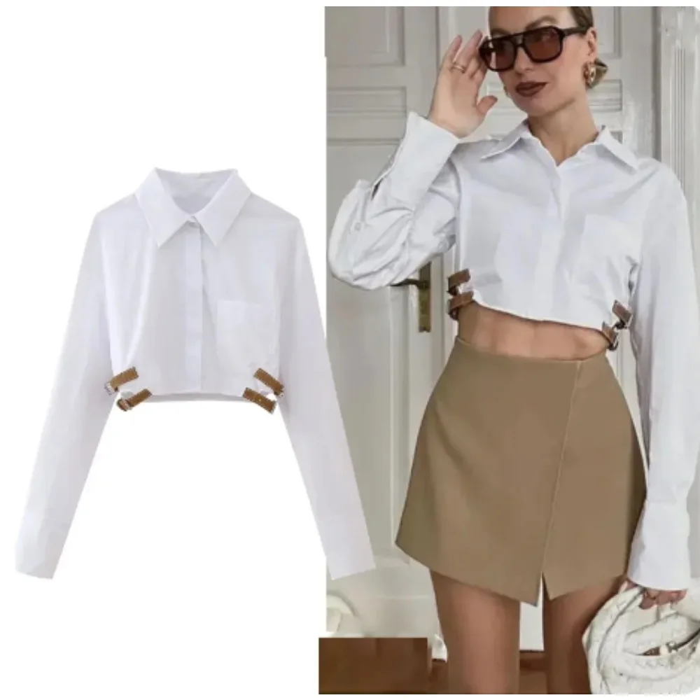 2024 Women Lapel Cropped Shirt Casual Long Sleeve Pocket Belt White Short Blouse Female Simple High Street Tops
2024 Women Lapel Cropped Shirt Casual Long Sleeve Pocket Belt White Short Blouse Female Simple High Street Tops