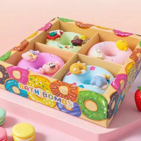 Donut Bath Bombs Gift Set with Toys, 4Pcs Natural Essential Oil Bubble Bath Salt, Spa Fizzies Bath Bombs for Kids & Adults