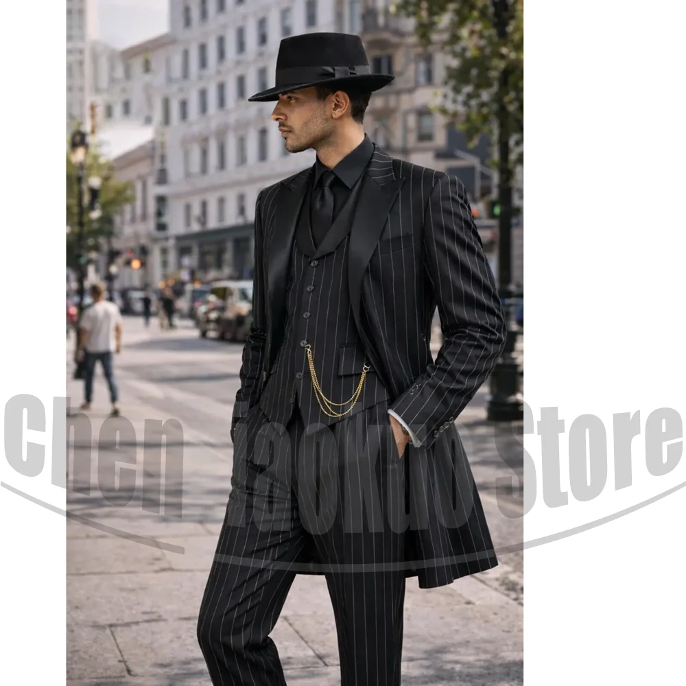 Men Black Striped 3 Piece Suit Satin Peak Lapel Long Blazer Vest and Pants Formal Wedding Groom Party Elegant Business Suits
Men Black Striped 3 Piece Suit Satin Peak Lapel Long Blazer Vest and Pants Formal Wedding Groom Party Elegant Business Suits