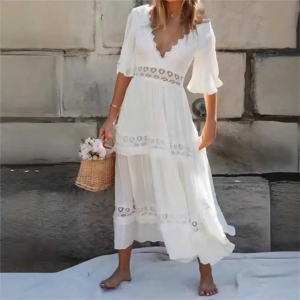 Women Summer V Neck Lace Dress Fashion Short Sleeve Hollow Out Ruffle Hem Dress Casual Backless High Waist White Streetwear
Women Summer V Neck Lace Dress Fashion Short Sleeve Hollow Out Ruffle Hem Dress Casual Backless High Waist White Streetwear