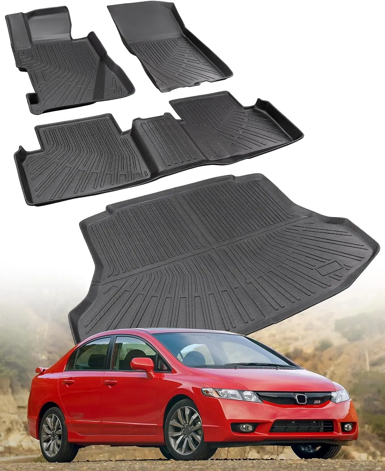 All-Weather Rubber Floor Mats and Cargo Liner for 4-Door Gas Sedans, TPE Black, Custom Fit for 2006 - 2011 Models
All-Weather Rubber Floor Mats and Cargo Liner for 4-Door Gas Sedans, TPE Black, Custom Fit for 2006 - 2011 Models