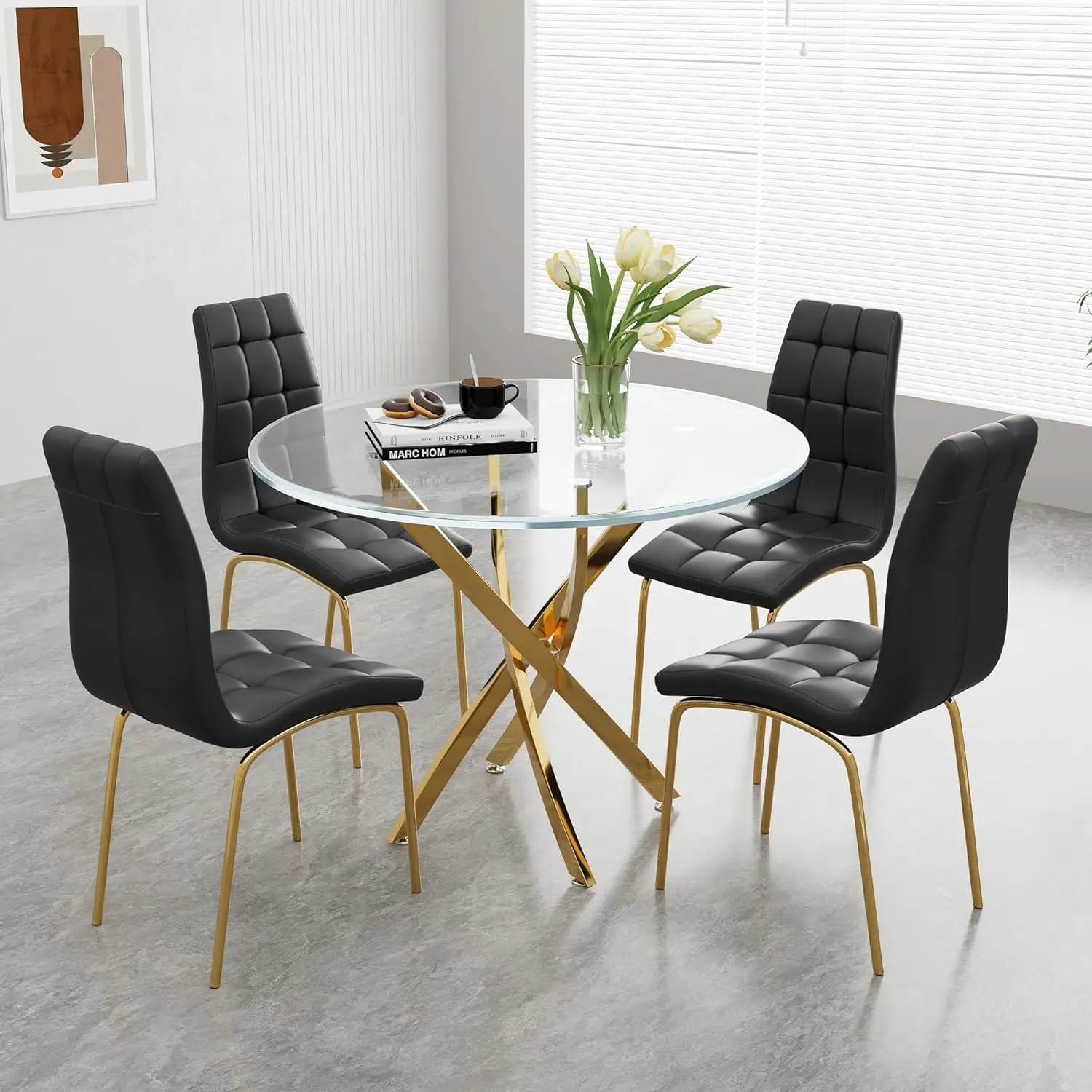 5 Piece Round Glass Dining Table Set, Round Tempered Glass Kitchen Table Set For 4, Modern Table Set With 4 High-Ba Upholstered
5 Piece Round Glass Dining Table Set, Round Tempered Glass Kitchen Table Set For 4, Modern Table Set With 4 High-Ba Upholstered