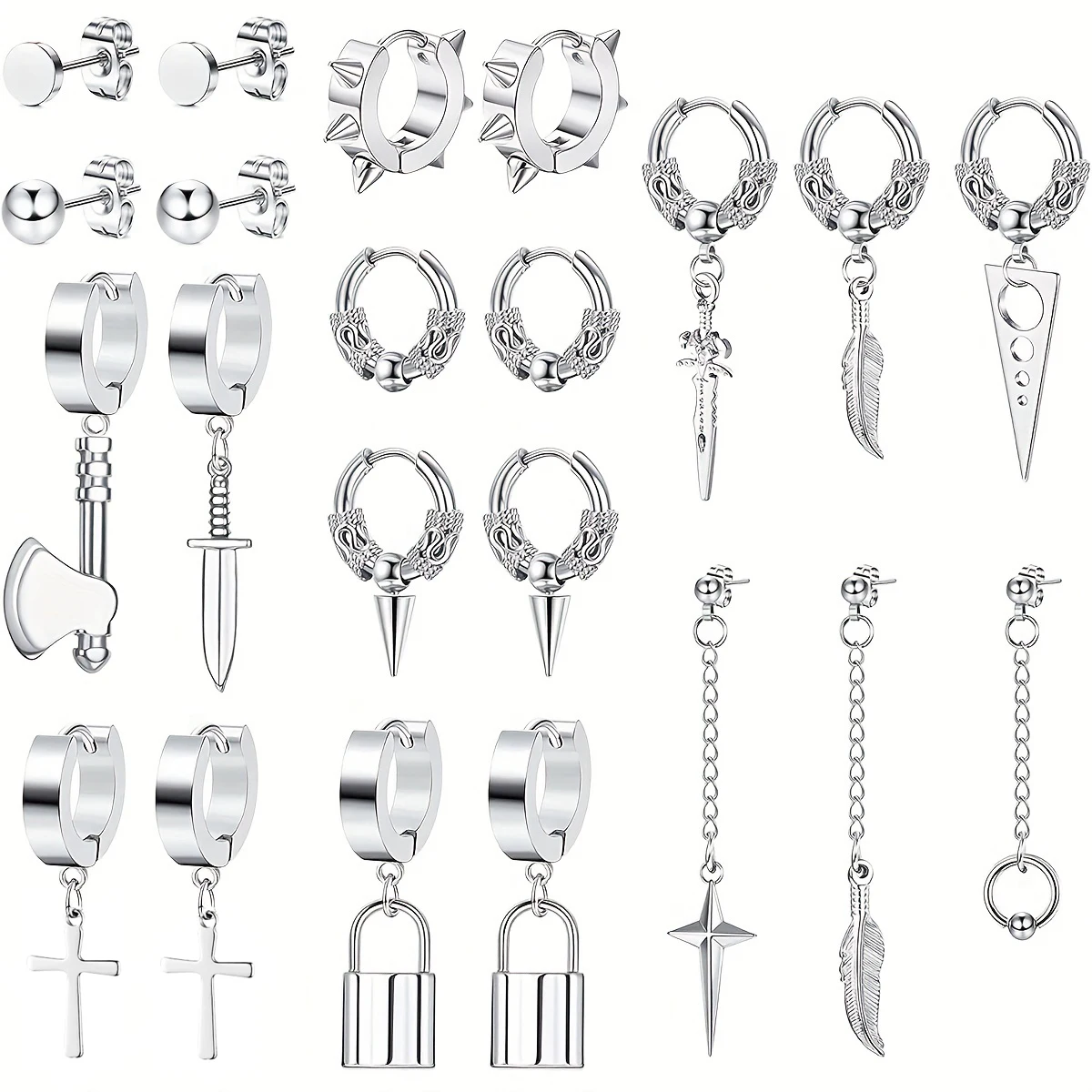 22pcs Silvery Gothic Punk Stainless Steel Hinged Earrings & Round Stud Earrings Cross Star Feather Pendant Chain Earrings Set
22pcs Silvery Gothic Punk Stainless Steel Hinged Earrings & Round Stud Earrings Cross Star Feather Pendant Chain Earrings Set