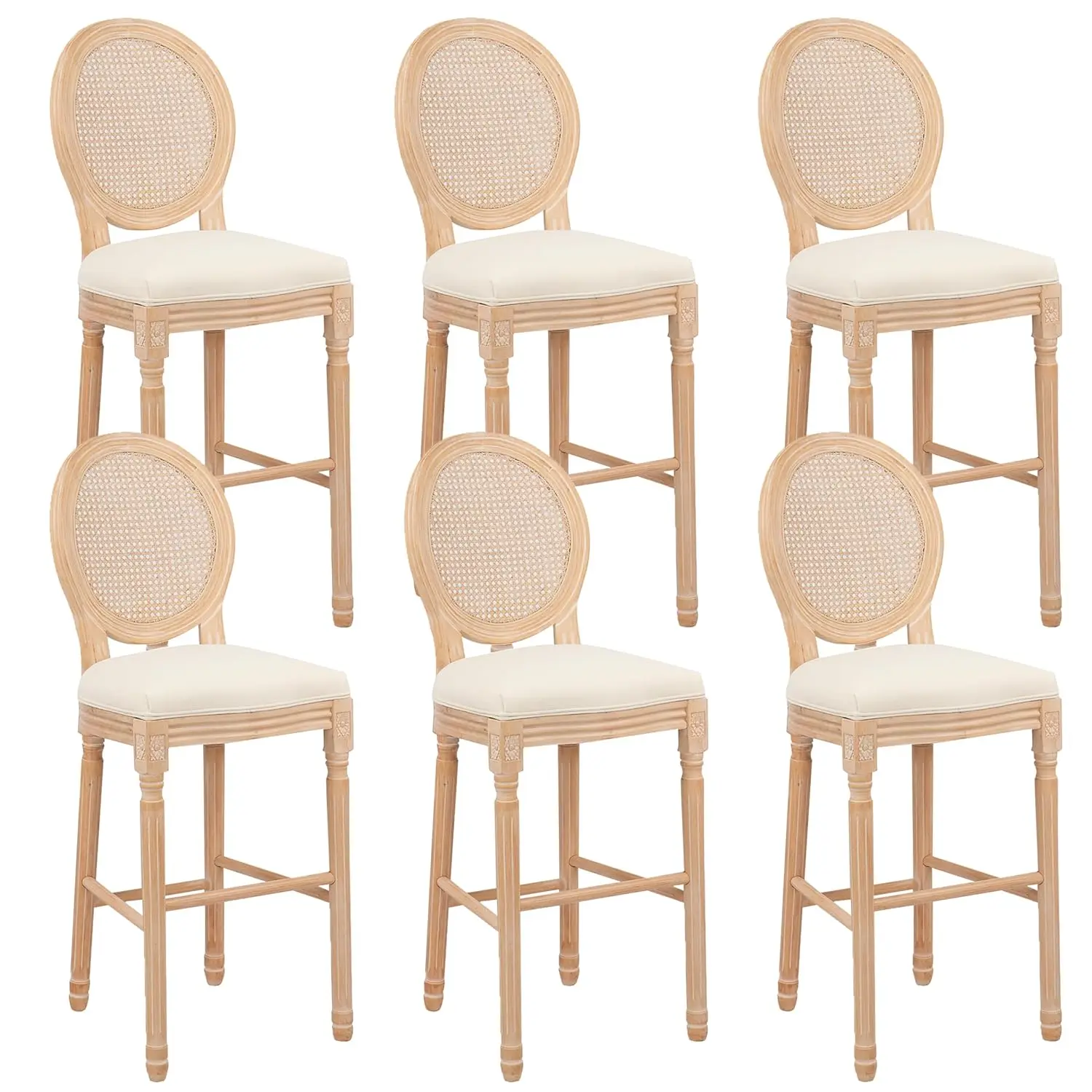 30in Solid Wood Counter Stool Set 6 Rattan Back Rustic Kitchen Island Bar Chair Beige, Customized