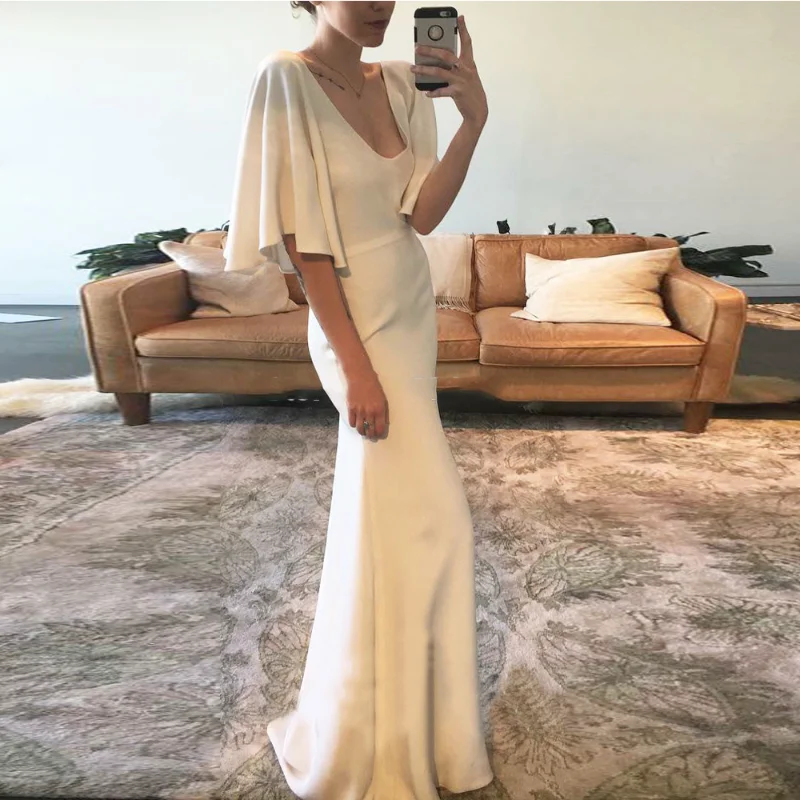 Formal Simple Sexy V-Neck Flutter Sleeves Mermaid Satin Wedding Dresses Floor Length Backless Bridal Gown Vestidos De Novia
Formal Simple Sexy V-Neck Flutter Sleeves Mermaid Satin Wedding Dresses Floor Length Backless Bridal Gown Vestidos De Novia