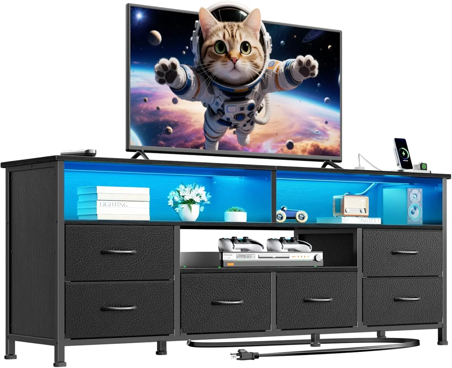 55" LED TV Stand for Bedroom with Power Outlets, Entertainment Center with 6 Fabric Drawers for 50/55/60 inch TVs, Dresser
55" LED TV Stand for Bedroom with Power Outlets, Entertainment Center with 6 Fabric Drawers for 50/55/60 inch TVs, Dresser