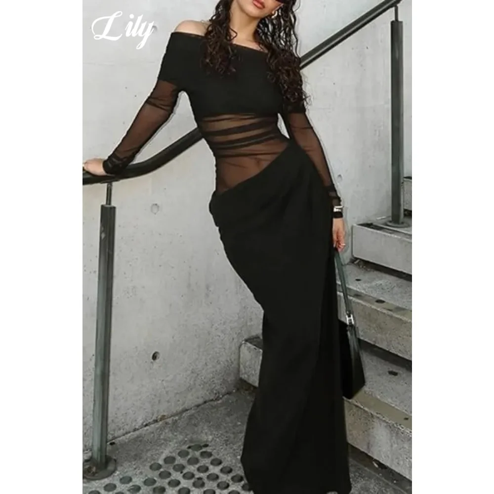 Lily Black Off Shoulder Evening Dress Long Sheer Mesh Sleeve Draped Bodycon Formal Prom Gown with Sheer Waist Detail Customized
Lily Black Off Shoulder Evening Dress Long Sheer Mesh Sleeve Draped Bodycon Formal Prom Gown with Sheer Waist Detail Customized