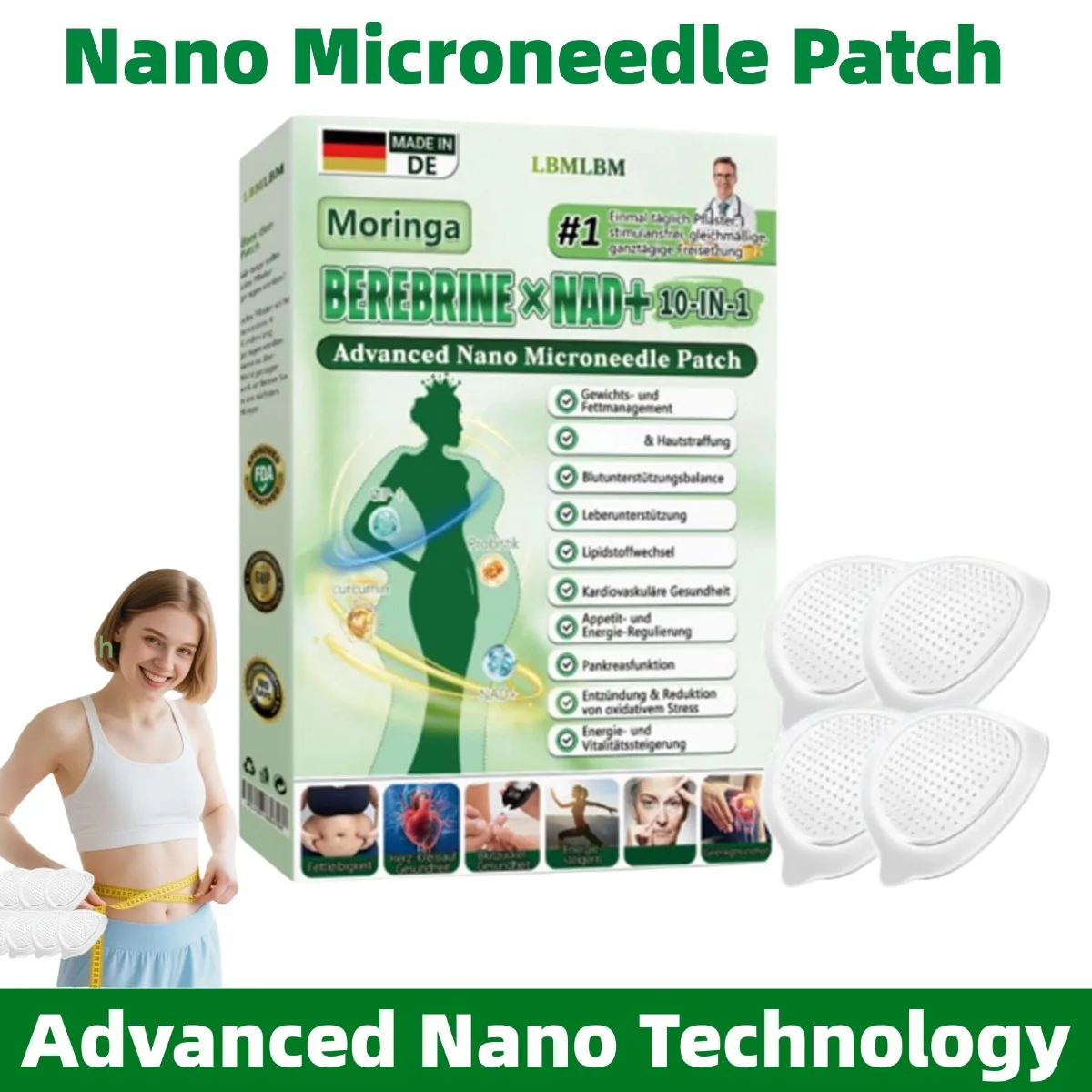 Усовершенствованный нанотехнологичный патч с микронидлингом и морингой для коррекции фигуры и контроля жировых отложений - Ультратонкий патч с берберином и NAD+ для укрепления кожи
Усовершенствованный нанотехнологичный патч с микронидлингом и морингой для коррекции фигуры и контроля жировых отложений - Ультратонкий патч с берберином и NAD+ для укрепления кожи