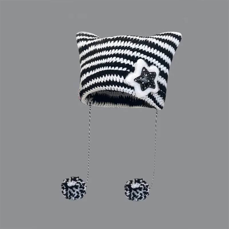 Осень-зима 2022, новая милая вязаная шапка ручной работы с пятью звездами и кошачьими ушками в полоску, теплая вязаная шапка с шариком для женщин
Осень-зима 2022, новая милая вязаная шапка ручной работы с пятью звездами и кошачьими ушками в полоску, теплая вязаная шапка с шариком для женщин
