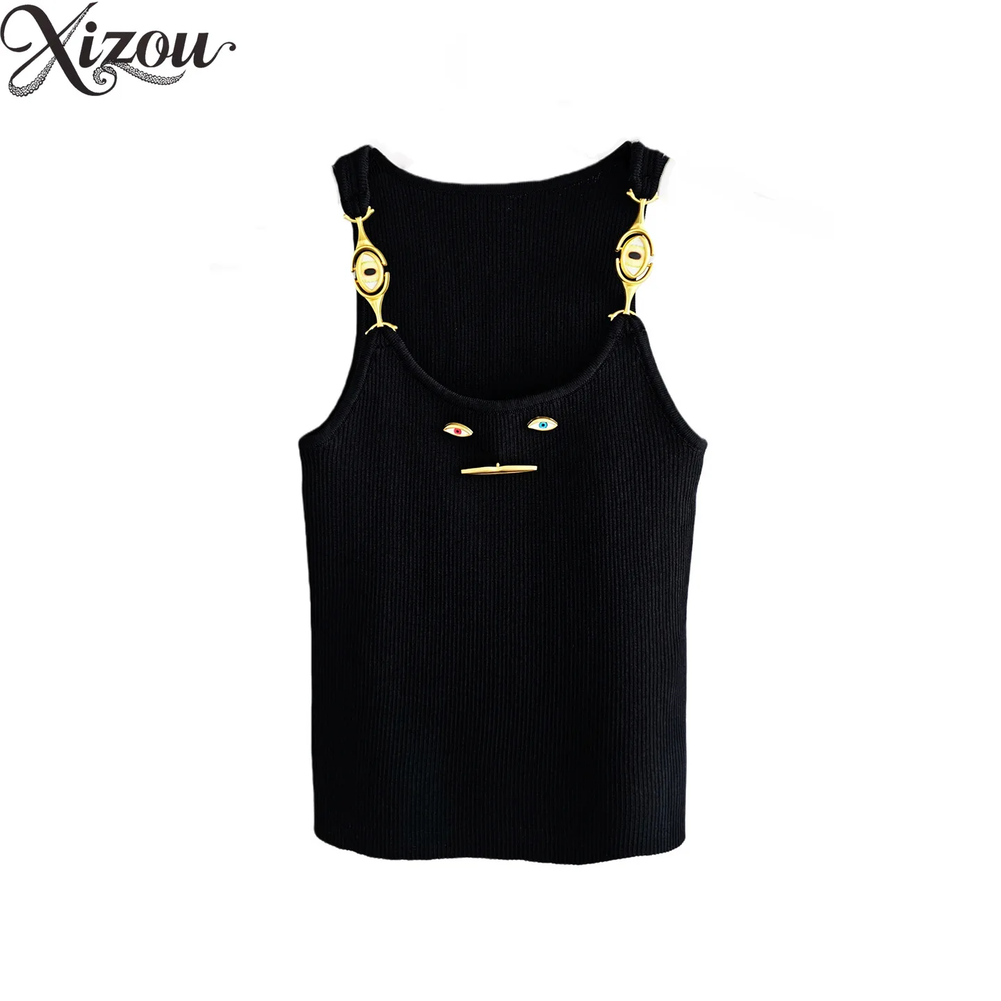 Chain Shoulder Buckle Smiley Metal Knit Elastic Slim Sleeveless Outerwear Pure Color Sweet Spicy High Waist Knitted Tops 2026
Chain Shoulder Buckle Smiley Metal Knit Elastic Slim Sleeveless Outerwear Pure Color Sweet Spicy High Waist Knitted Tops 2026