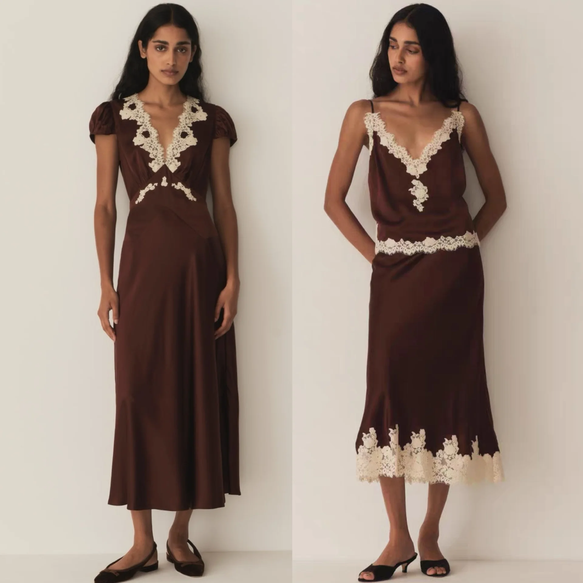 Chocolate Brown Vintage Heavy Embroidery Silk Slip Dress, Eyelash Lace Trim, Bias-Cut, Satin Bow at Waist
Chocolate Brown Vintage Heavy Embroidery Silk Slip Dress, Eyelash Lace Trim, Bias-Cut, Satin Bow at Waist