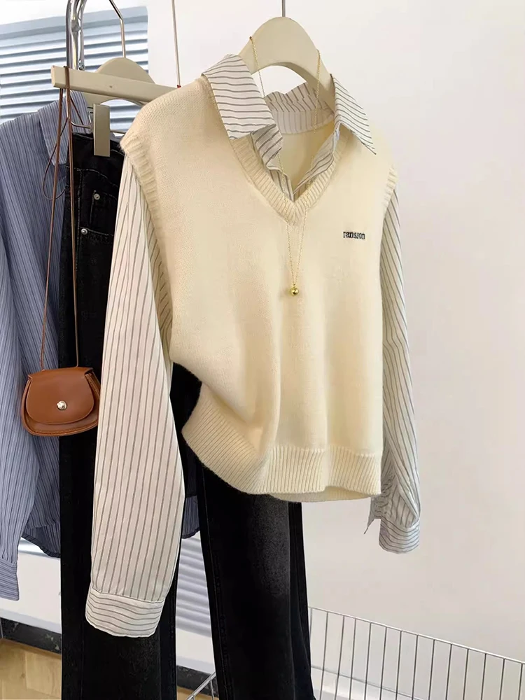 2024 Autumn New Long Sleeve Polo Neck Loose Blouse Spliced V-neck Knitted Vest Tops Women Fashion Fake Two Piece Shirt
2024 Autumn New Long Sleeve Polo Neck Loose Blouse Spliced V-neck Knitted Vest Tops Women Fashion Fake Two Piece Shirt