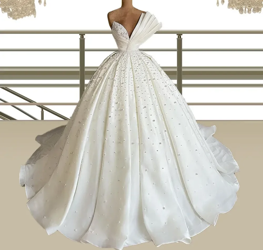 Modern Pearls Wedding Dress Luxury Ball Gown Sweetheart Satin Sweep Train Birde Bridal Gowns Arabic Dubai Vestidos De Novia
Modern Pearls Wedding Dress Luxury Ball Gown Sweetheart Satin Sweep Train Birde Bridal Gowns Arabic Dubai Vestidos De Novia