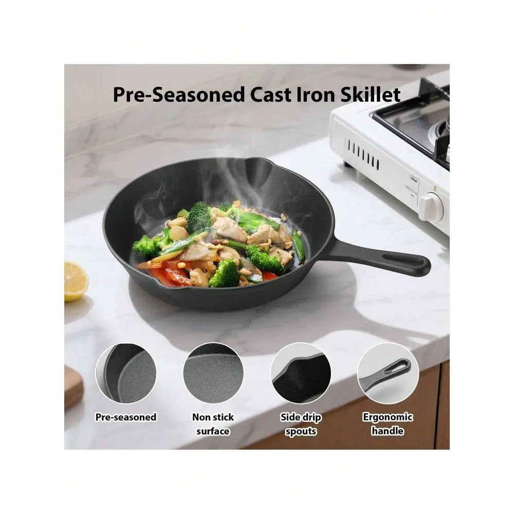 3Piece, Cast Iron Sleek Style Skillet Set, NonStick, With Scraper, Indoor Outdoor Use, Black, LongLasting
3Piece, Cast Iron Sleek Style Skillet Set, NonStick, With Scraper, Indoor Outdoor Use, Black, LongLasting