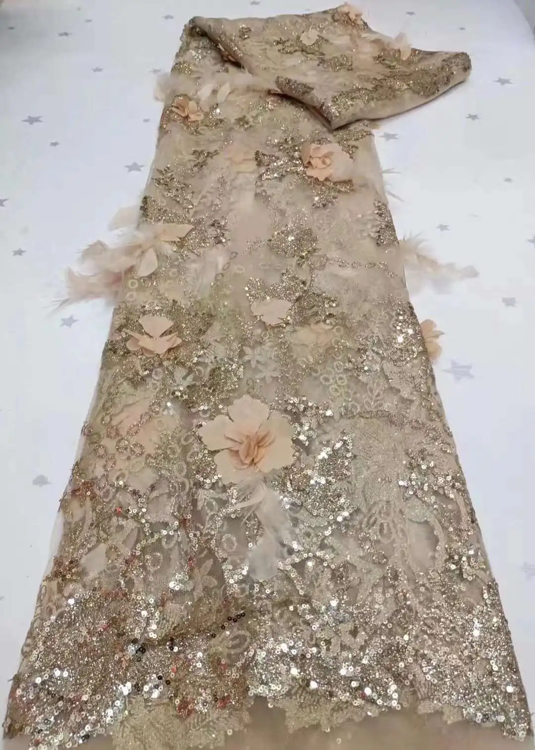Popular Glued Glitter French tulle net lace 3D flowers with feather embroidery fabric for evening dress/weddings design
Popular Glued Glitter French tulle net lace 3D flowers with feather embroidery fabric for evening dress/weddings design