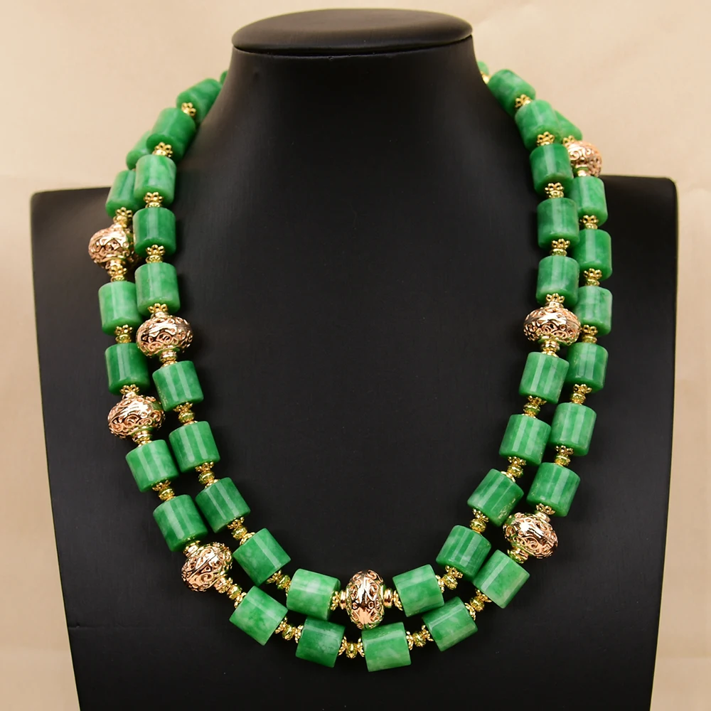 G-G 2 Rows Green Jade Smooth Cylinder Nephrite Tube Stone Metal Lantern Beads Necklace
G-G 2 Rows Green Jade Smooth Cylinder Nephrite Tube Stone Metal Lantern Beads Necklace