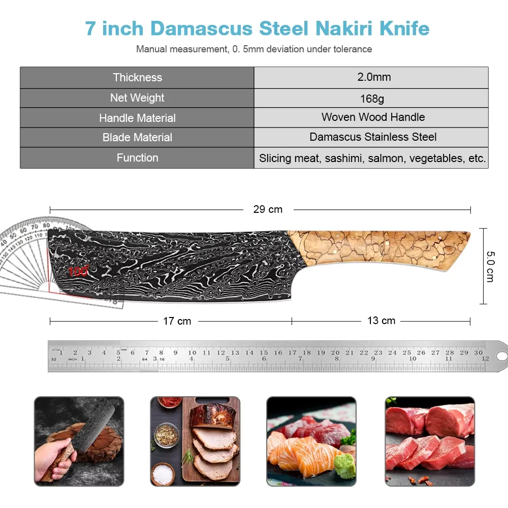 7 Inch Nakiri Knife Japanese Kitchen Knife,Full Tang Sharp 67-Layer Damascus Steel Chef Knife Vegetable Knife Woven Wood Handle
7 Inch Nakiri Knife Japanese Kitchen Knife,Full Tang Sharp 67-Layer Damascus Steel Chef Knife Vegetable Knife Woven Wood Handle