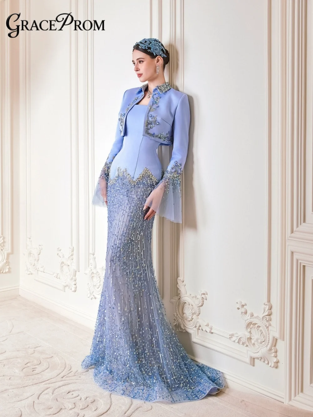 Regal Sky Blue Satin 2PCS Evening Gown Detachable Beaded Jacket Flared Sheer Cuff Sleeve Party Dress Wedding Guests فساتين سهرة
Regal Sky Blue Satin 2PCS Evening Gown Detachable Beaded Jacket Flared Sheer Cuff Sleeve Party Dress Wedding Guests فساتين سهرة