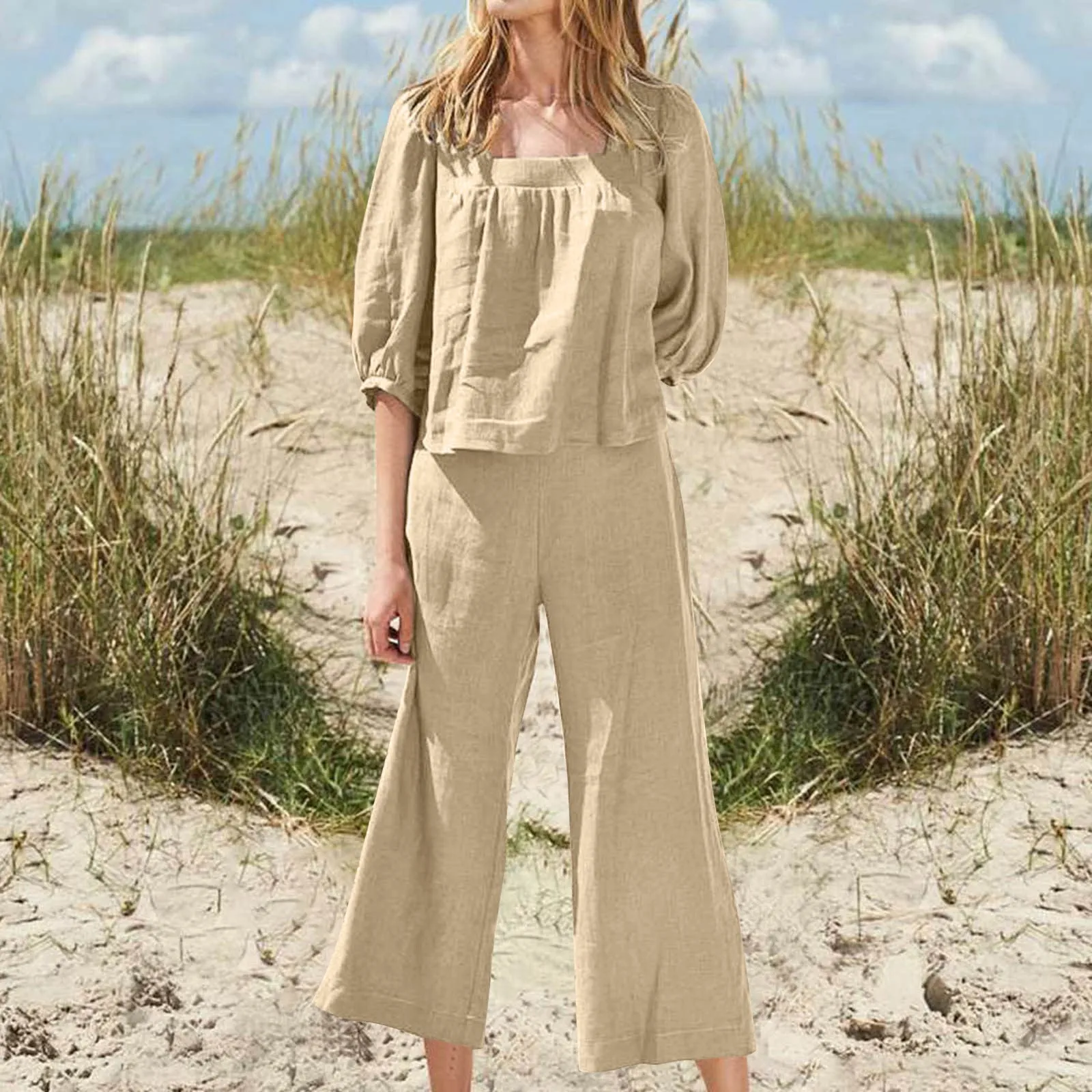 Women'S Solid Color Vintage Cotton Linen Sets Square Collar Half-Sleeve Style T-Shirt And Loose Wide-Leg Pants 2 Pieces Sets
Women'S Solid Color Vintage Cotton Linen Sets Square Collar Half-Sleeve Style T-Shirt And Loose Wide-Leg Pants 2 Pieces Sets