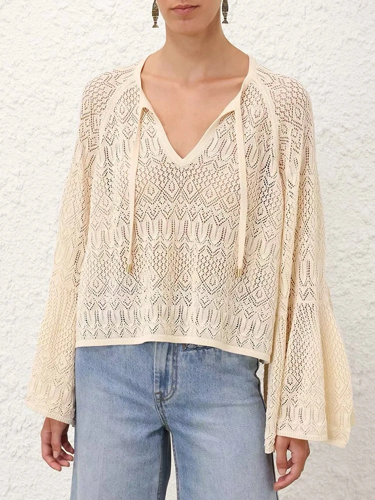 Spring Summer Fashion Ivory White Hollow Out Knitting Slim Pullovers Women's Lace-Up V-Neck Flounces Collar Slim Tops
Spring Summer Fashion Ivory White Hollow Out Knitting Slim Pullovers Women's Lace-Up V-Neck Flounces Collar Slim Tops