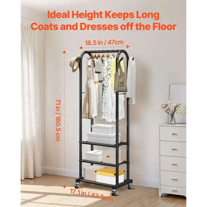 Clothes Rack, Rolling Clothing Garment Rack with Hanging Rod and Side Hooks, 3 Storage Shelves, 99 lbs Load Capacity, Heavy Duty Carbon Steel Clothing Racks for Bedroom, Laundry, Living Room
Clothes Rack, Rolling Clothing Garment Rack with Hanging Rod and Side Hooks, 3 Storage Shelves, 99 lbs Load Capacity, Heavy Duty Carbon Steel Clothing Racks for Bedroom, Laundry, Living Room