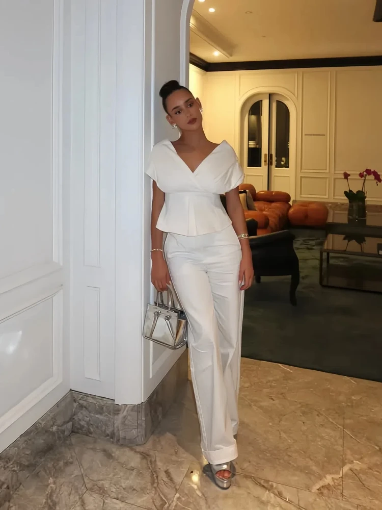 Slash Neck Denim Top Pants Suits Women Sexy Deep V Backless Lace Up Pleat Tops High Waist Wide Leg Trousers Fashion Lady Outfits 
Slash Neck Denim Top Pants Suits Women Sexy Deep V Backless Lace Up Pleat Tops High Waist Wide Leg Trousers Fashion Lady Outfits