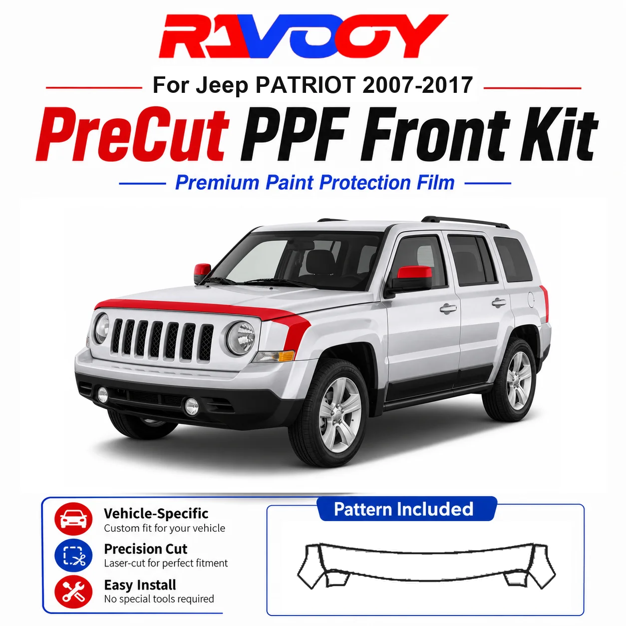 8.5mil TPU Precut PPF Kit For Jeep PATRIOT 2007-2017 - Hood, Fenders & Mirror Set - Self-Healing Clear Bra Film
8.5mil TPU Precut PPF Kit For Jeep PATRIOT 2007-2017 - Hood, Fenders & Mirror Set - Self-Healing Clear Bra Film