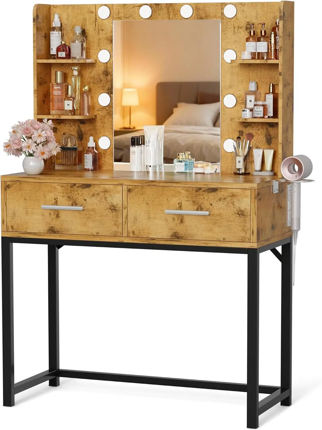 Vanity Desk with Mirror and 2 Drawers, Makeup Table with Power Outlet, 3 Color Modes, Rustic Brown Black
Vanity Desk with Mirror and 2 Drawers, Makeup Table with Power Outlet, 3 Color Modes, Rustic Brown Black