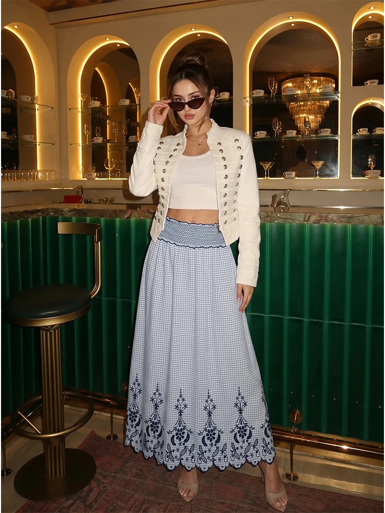 HH Women Summer Bohemian Coastal Blue Gingham Skirt Spring Smocked Waist Cutwork Embroidery Maxi Lightweight Skirt For Beach
HH Women Summer Bohemian Coastal Blue Gingham Skirt Spring Smocked Waist Cutwork Embroidery Maxi Lightweight Skirt For Beach