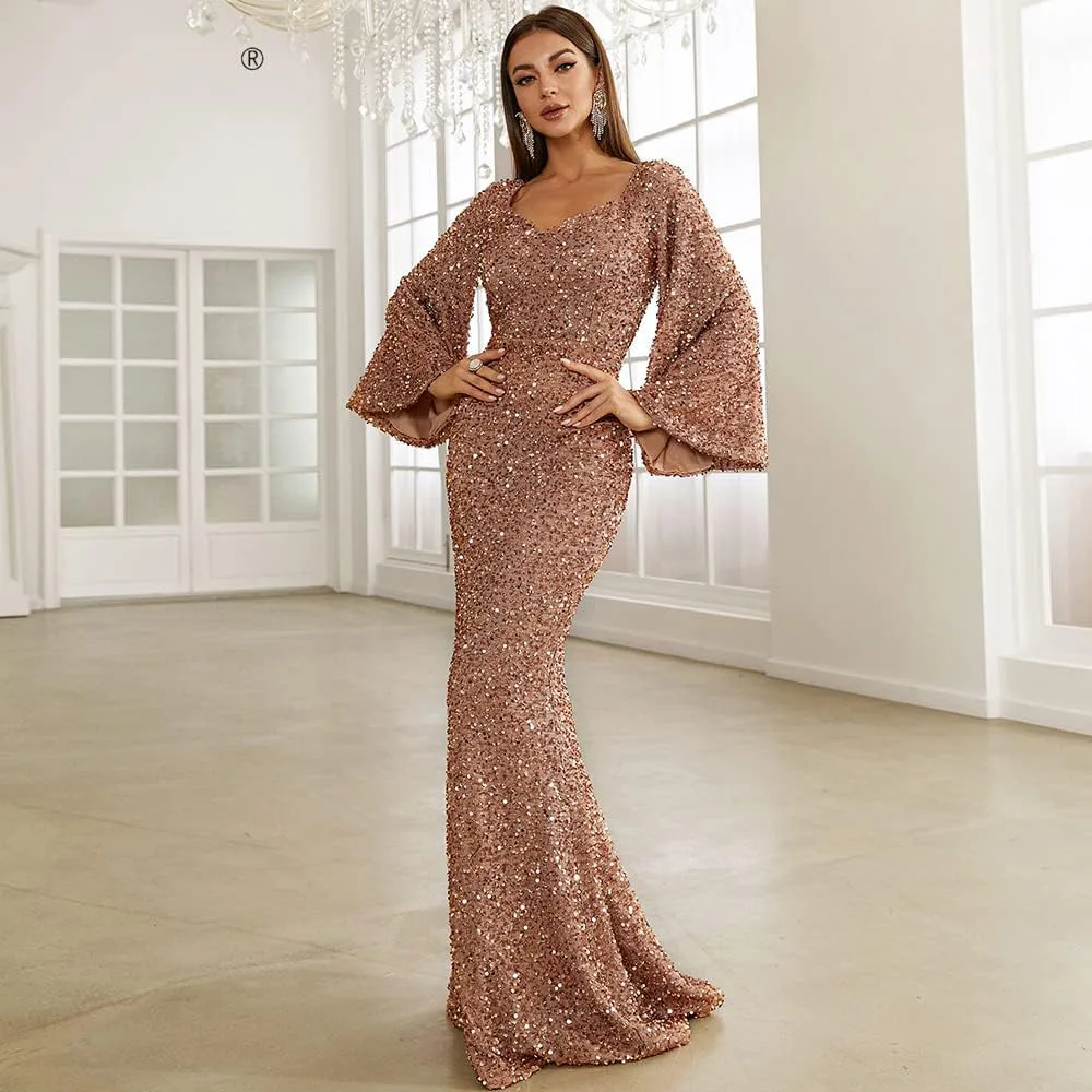 Women's Fashion Elegant Fit V-neck Wrapped Hip Sequin Dress with Mid Waist Flare Sleeve Long Back Zipper Closure Evening Dress
Women's Fashion Elegant Fit V-neck Wrapped Hip Sequin Dress with Mid Waist Flare Sleeve Long Back Zipper Closure Evening Dress