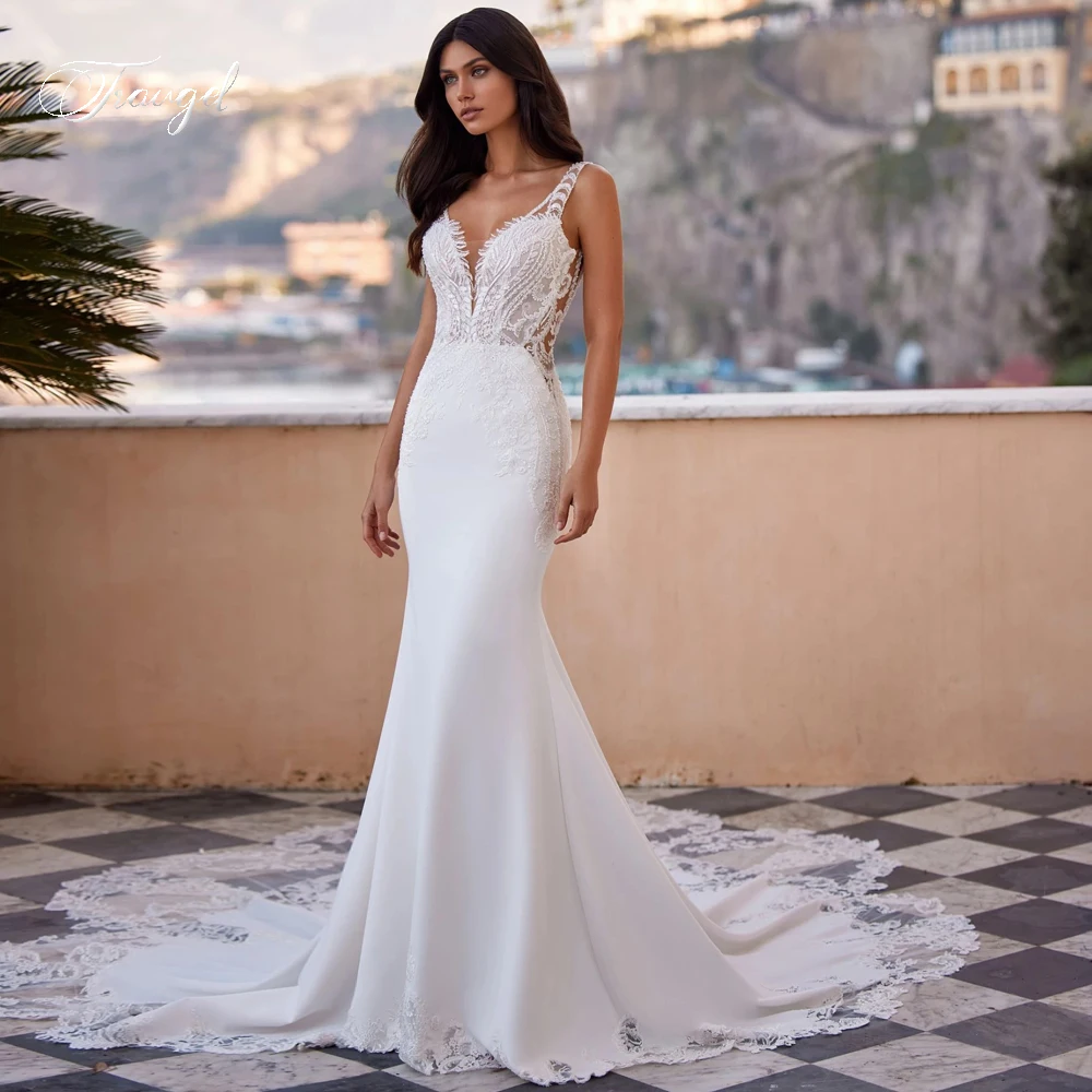 Traugel Elegant V Neck Backless Soft Satin Mermaid Wedding Dresses Luxury Tank Appliques Beaded Court Train Trumpet Bridal Gown
Traugel Elegant V Neck Backless Soft Satin Mermaid Wedding Dresses Luxury Tank Appliques Beaded Court Train Trumpet Bridal Gown