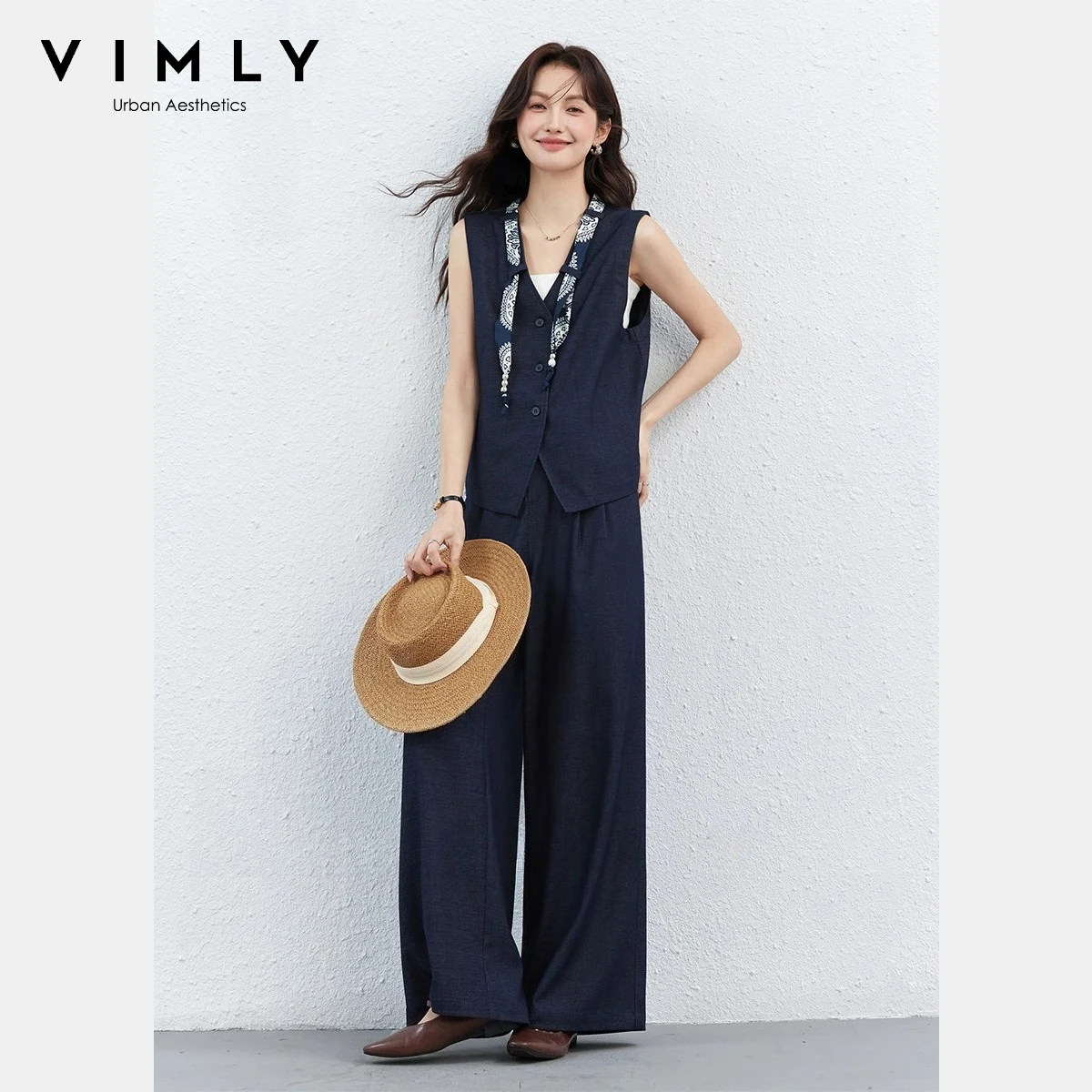 VIMLY Women's Navy Minimalist Set 2026 Spring New Sleeveless Vest with Detachable Scarf Casual Wide Leg Pant Two-Piece Set A6006
VIMLY Women's Navy Minimalist Set 2026 Spring New Sleeveless Vest with Detachable Scarf Casual Wide Leg Pant Two-Piece Set A6006