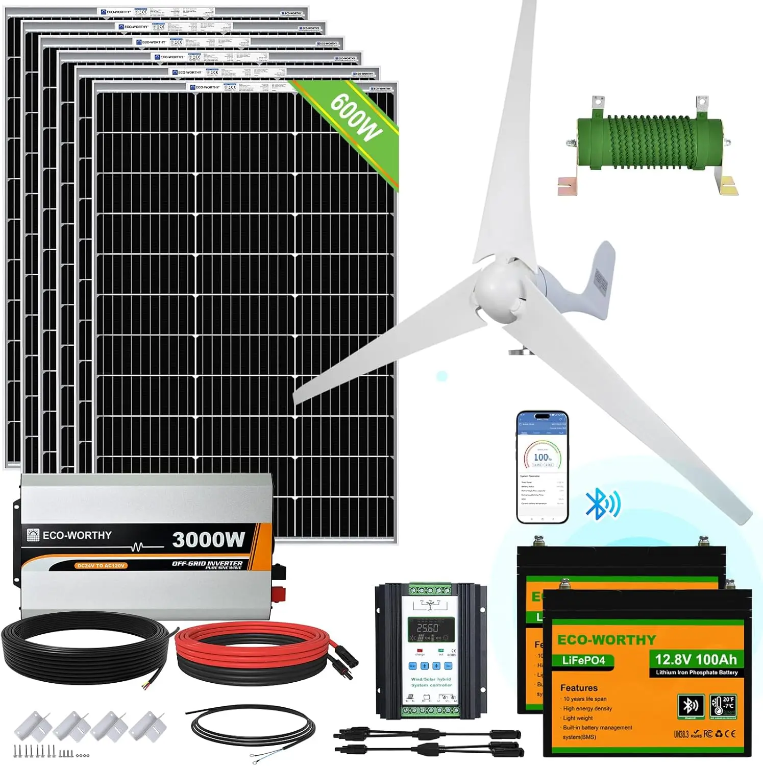 1000W 4KWH Solar Wind Power Kit: 400W Wind Turbine + 6pcs 100W Solar Panel + 2pcs 12V 100Ah Lithium Battery + 24V 3000W,customiz
1000W 4KWH Solar Wind Power Kit: 400W Wind Turbine + 6pcs 100W Solar Panel + 2pcs 12V 100Ah Lithium Battery + 24V 3000W,customiz