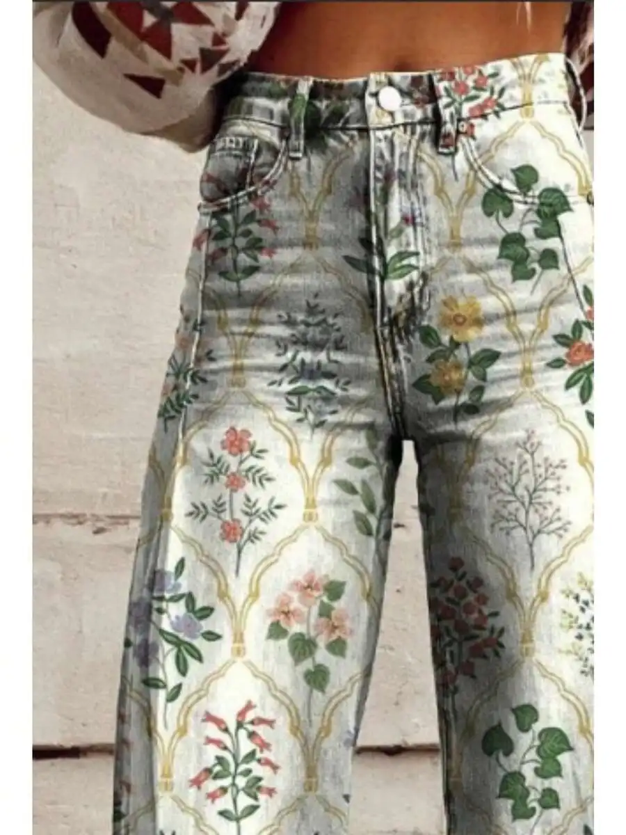 Women Vintage Floral Print Wide Leg Faux Denim Pants Light Wash Multicolor Vine Pattern Non Stretch Retro Casual
Women Vintage Floral Print Wide Leg Faux Denim Pants Light Wash Multicolor Vine Pattern Non Stretch Retro Casual