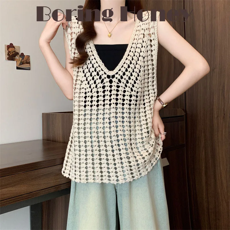 Boring Honey Fashion Crocheted Hollow Knit V-Neck Vest Wearing Female Summer Fat Girl Overlapping Blouse Sleeveless Top Women
Boring Honey Fashion Crocheted Hollow Knit V-Neck Vest Wearing Female Summer Fat Girl Overlapping Blouse Sleeveless Top Women