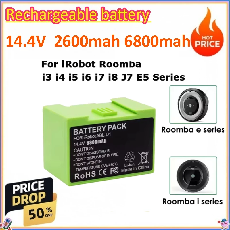 Rechargeable 14.4V 2600/6800mAh Battery for IRobot Roomba I7 I3-i8 J7 E5 Series Vacuum Cleaner Replacement
Rechargeable 14.4V 2600/6800mAh Battery for IRobot Roomba I7 I3-i8 J7 E5 Series Vacuum Cleaner Replacement