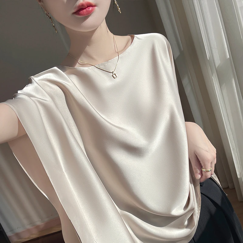 Summer Women's Silk Satin T-shirt Casual Solid Color One Word Neck Tees Fashion Loose Tops Trendy Blouse
Summer Women's Silk Satin T-shirt Casual Solid Color One Word Neck Tees Fashion Loose Tops Trendy Blouse