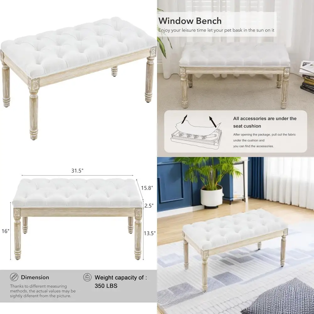 vintage linen upholstered bench with tufted seat and brushed wood legs for entryway or bedroom in white
vintage linen upholstered bench with tufted seat and brushed wood legs for entryway or bedroom in white