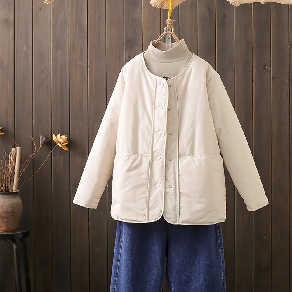 Осень-зима, теплые хлопковые стеганые пальто, женские однотонные свободные повседневные универсальные верхняя одежда, однобортные повседневные куртки с круглым вырезом 
Осень-зима, теплые хлопковые стеганые пальто, женские однотонные свободные повседневные универсальные верхняя одежда, однобортные повседневные куртки с круглым вырезом